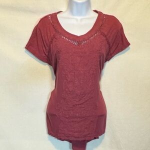 F-74 Gloria Vanderbilt Pink Embroidered Lace Trim Short Sleeve Pullover Blouse